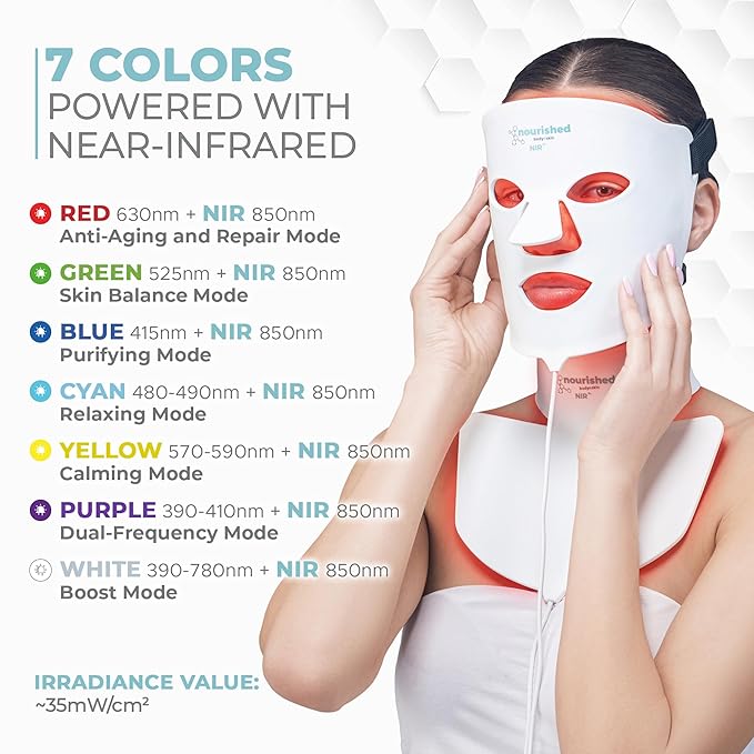 7-Color LED Face & Neck Mask with Near-Infrared – Blue & Red Light Therapy, 228 LEDs, Anti-Aging Skincare Tool