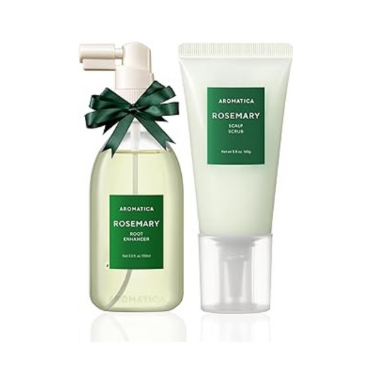 scalp care with the AROMATICA Rosemary Root Enhancer and Scalp Scrub set
